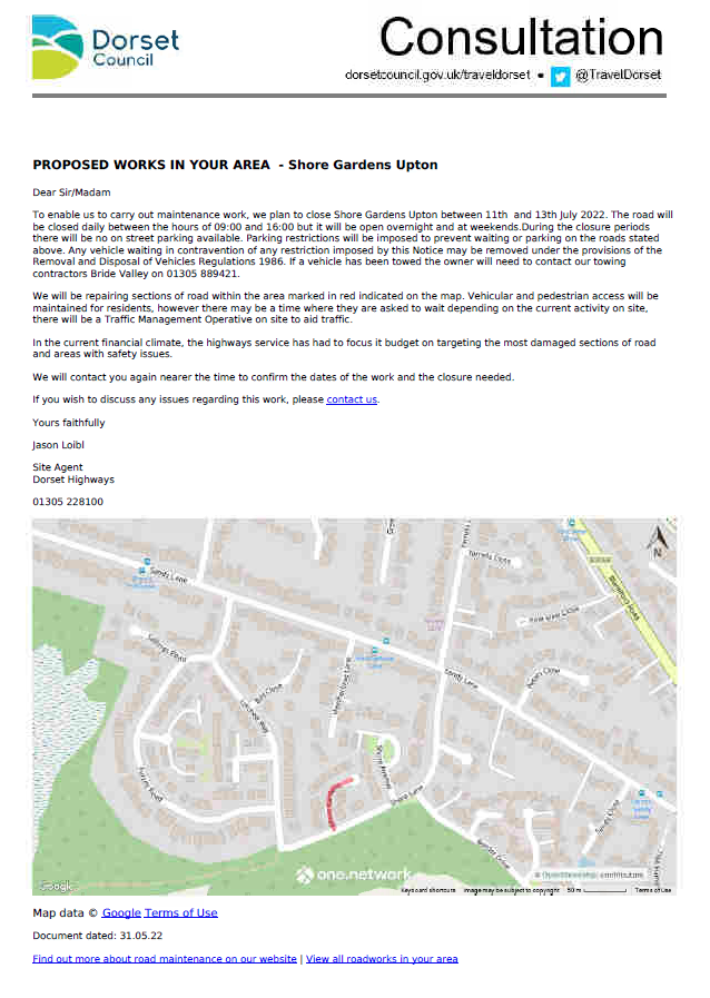 Temporary Closure of Shore Gardens Upton Lytchett, Minster & Upton